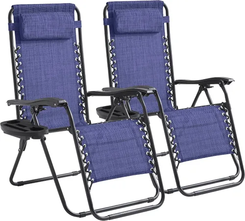 Vista 15 de Zero Gravity - Juego de 2 sillas reclinables plegables de gran tamaño, acolchadas antigravedad con almohada ajustable y portavasos para campamento