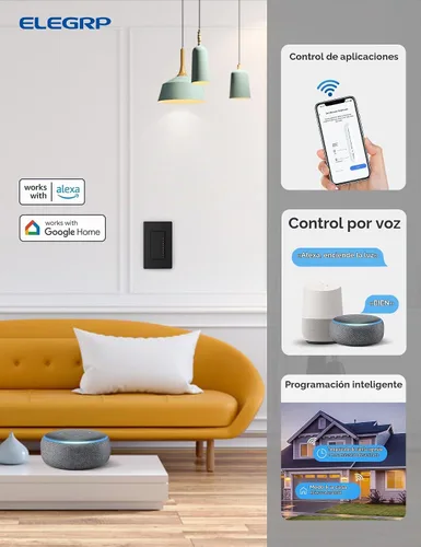 Vista 3 de ELEGRP Atenuador de luz inteligente DPR30, interruptor de atenuación WiFi de 2,4 GHz compatible con Alexa y Google Assistant, de un solo polo/3