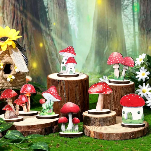 Vista 3 de Thyle 16 piezas de decoraciones de fiesta de hongos de madera Centros de mesa de bosque de hadas Decoraciones de bosque encantado Tapa de mesa