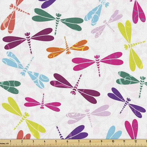 Vista 83 de Ambesonne Tela para Amantes de los Perros por Yarda, Perro Salchicha de Dibujos Animados Dachshund Cachorro con Pijamas a Rayas Flores y Mariposas