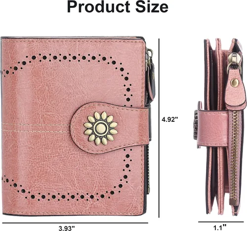 Vista 6 de Lavemi Cartera de cuero para mujer, pequeña, compacta, con bloqueo RFID, con bolsillo con cremallera