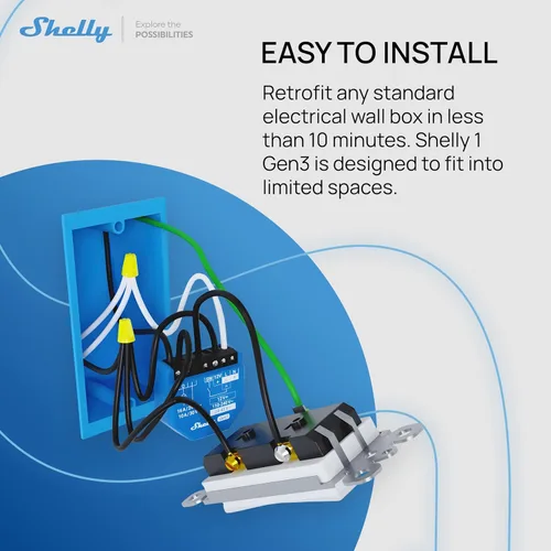 Vista 2 de Shelly 1 Gen3, interruptor de relé inteligente WiFi con contactos secos, 1 canal 16A, compatible con Alexa, Home Assistant, SmartThings y Google