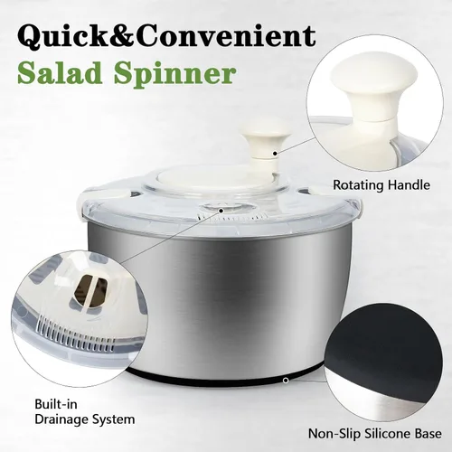 Vista 3 de Spinners de ensalada de acero inoxidable de 5 cuartos de galón, hilanderos de lechuga, hilandero de ensalada sin BPA pequeño, secadora de verduras