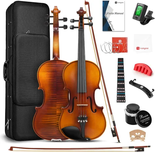 Vista 8 de Vangoa Kit de violín acústico 1/2, violín profesional de madera maciza, tapa de abeto, patrón único de madera de arce a juego, ajuste de ébano