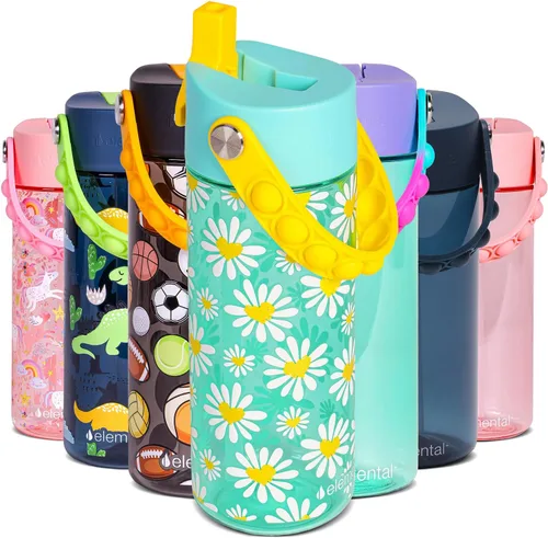 Vista 22 de Elemental Botellas de agua para niños – Botella de agua para niños Splash para la escuela con mango Pop-it – Botella de agua de plástico Tritan sin