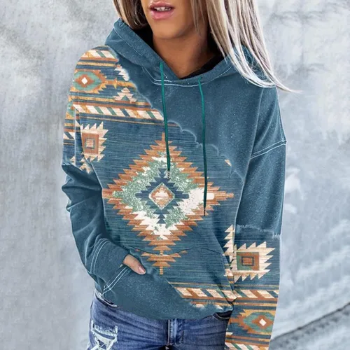 Vista 2 de Ceboyel Women Western Aztec Hoodies Drawstring Sweatshirt Pullover Ethnic Vintage Graphic Shirts Tops Causal Fall Clothes