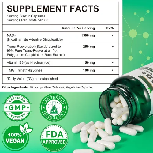 Vista 2 de Suplemento NAD+ de 2000 mg extra fuerte para mujeres y hombres, 120p