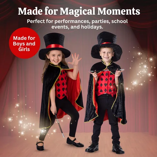Vista 6 de Dress Up America Disfraz de mago para niños, capa de mago, sombrero y varita, disfraz mágico para niños y niñas