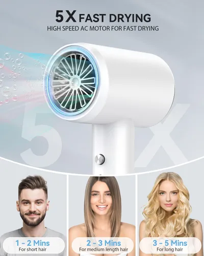 Vista 2 de Secador de pelo de alta velocidad iónico para cabello rizado, silencioso con control térmico y boquilla para viajes en casa, color blanco