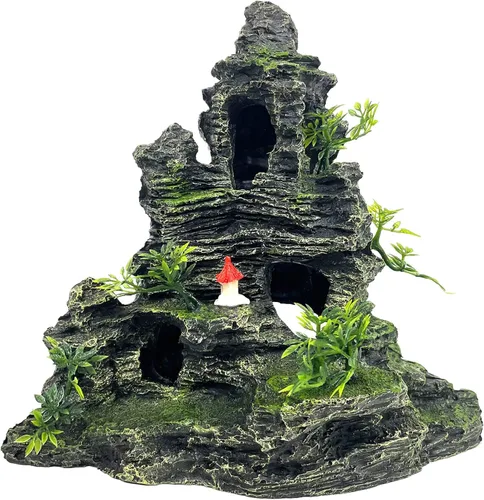 Vista 8 de Adorno de piedra para acuario con vista a la montaña, árbol de cueva de roca, decoración de acuario para peceras para peceras pequeñas, 7.5 pulgadas