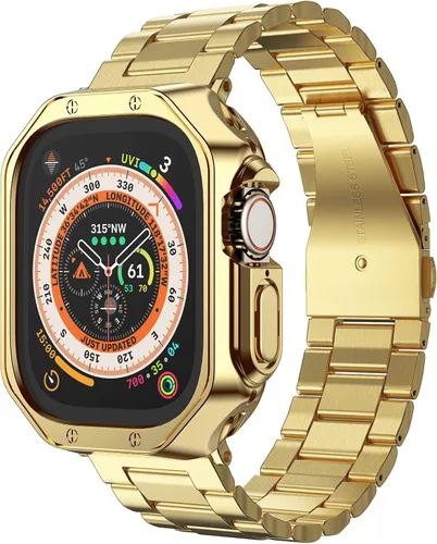 Vista 18 de Compatible con Apple Watch Banda y Estuche, Cadena de Metal de Acero Inoxidable con Cubierta de TPU, Correa de Pulsera de Eslabones