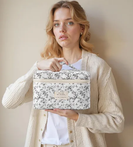 Vista 7 de HBselect Bolsa de Maquillaje Acolchada, Bolsa de Maquillaje Grande de Algodón para Viaje, Lindas Bolsas de Maquillaje con Flores Coquette, Bolsas