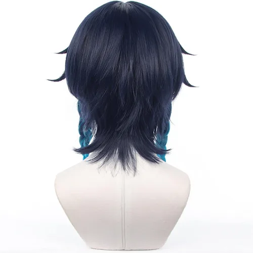 Vista 5 de Genshin Impact Peluca de anime Cosplay peluca Venti azul degradado de pelo corto con gorra de peluca gratis para Comic Con, espectáculo de cosplay