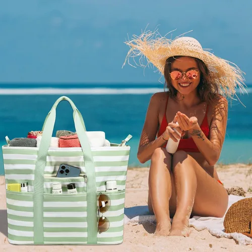 Vista 2 de LEDAOU Bolsa grande de playa para mujer, impermeable, a prueba de arena, con cremallera, bolsa de viaje para gimnasio