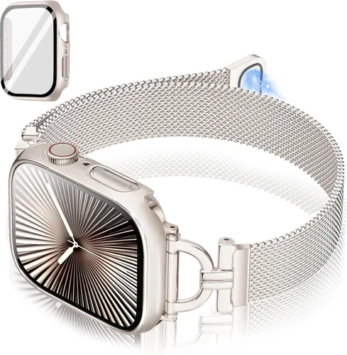 Vista 10 de Correas para Apple Watch para mujer de 1.575 pulgadas con funda protectora de pantalla, cierre magnético de acero inoxidable, correa para Apple Oro
