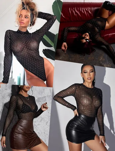 Vista 8 de Avidlove Body de malla para mujer color negro de manga larga cuello redondo leotardos transparentes body sexy con broche en la entrepierna