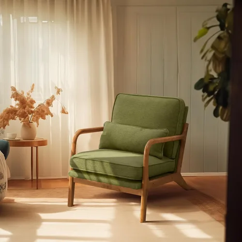 Vista 12 de Bonnlo - Silla de acento moderna de mediados de siglo con tela de lino beige, sillones de descanso con acolchado de madera maciza para sala