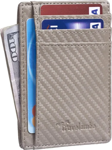 Vista 2 de Travelambo Cartera delgada de cuero minimalista con bolsillo frontal RFID con textura de fibra de carbono, Azul