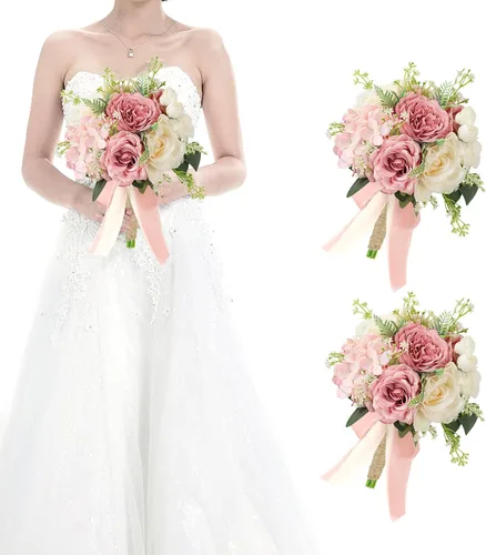 Vista 36 de Ramos de novia bohemios para boda, ramos de 9 pulgadas de flores artificiales para decoraciones de centro de mesa de ceremonia y aniversario, rosas
