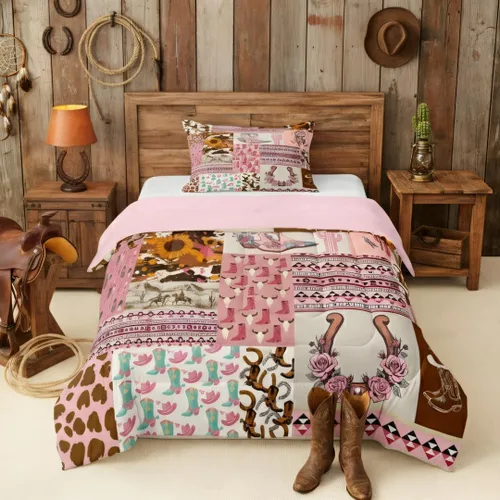 Vista 30 de Ropa de cama con estampado de vaca marrón tamaño individual, juego de edredón rústico de piel de vaca con calavera de vaca, relleno de edredón