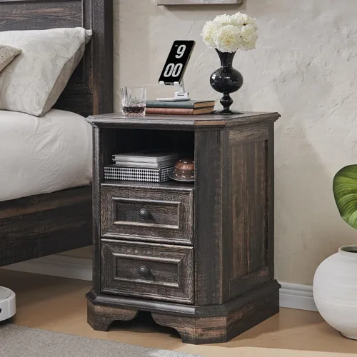 Vista 9 de T4TREAM - Mesa de noche rústica con estación de carga, mesa auxiliar de madera de 18 pulgadas con 2 cajones, para dormitorio y sala de estar