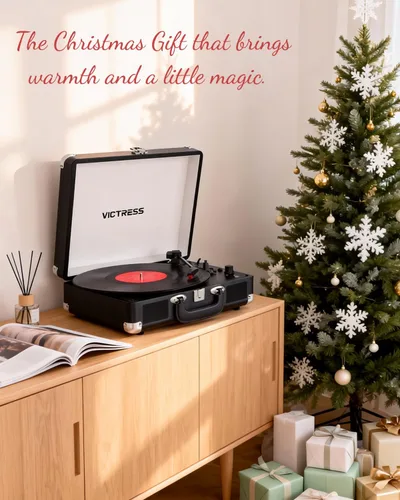 Vista 9 de Tocadiscos de vinilo con entrada y salida Bluetooth, tocadiscos portátil vintage de maleta, tocadiscos LP de 3 velocidades con conversión de vinilo