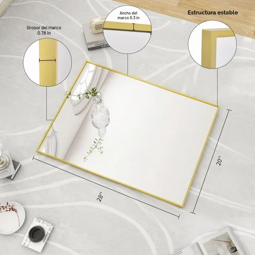 Vista 6 de BEAUTYPEAK - Espejo de pared de baño de 20 x 28 pulgadas con marco de metal, dorado Espejo rectangular con colgante horizontal o vertical, ideal