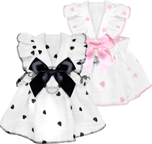 Vista 6 de Vestidos para perros pequeños, hembra, perro, gato, vestido lindo de algodón extra de verano, decoración de lazo, traje de cumpleaños, ropa de Rosa