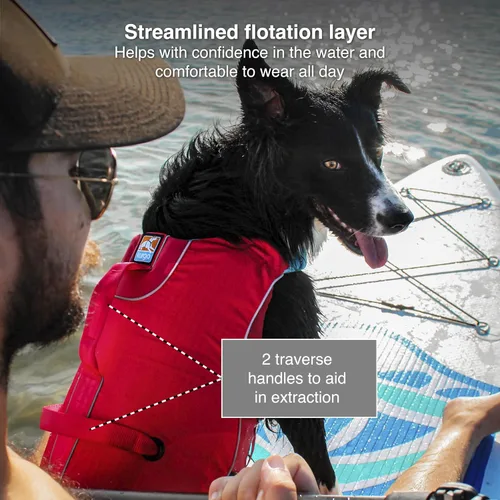Vista 5 de Kurgo Surf n' Turf Life Jacket, Chili Red, Small Life Vest for Active Water Dogs, 2 Control Handles, 3 Adjustment Points, Reflective Trim, Leash