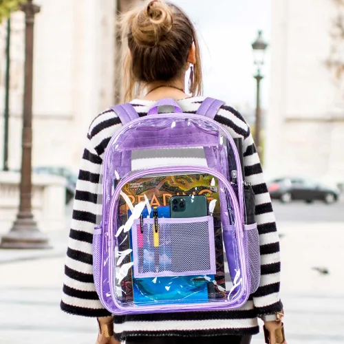 Vista 2 de Mochila transparente de 3 piezas, bolsa de libros transparente resistente, bolsa escolar de lentejuelas transparente, color morado