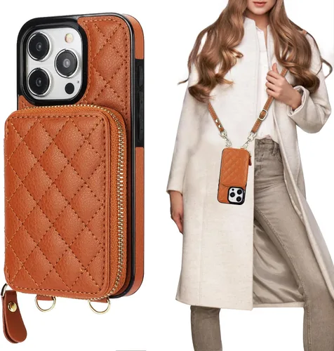 Vista 13 de Bocasal Funda tipo cartera con bandolera para iPhone 15 Pro, cartera de mano de piel sintética con cremallera y bloqueo RFID, funda tipo cartera
