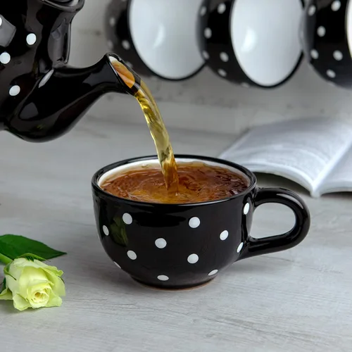 Vista 4 de City to Cottage Taza de cerámica hecha a mano con diseño de lunares blancos y negros, extra grande de 17.5 onzas, capuchino de cerámica, café, té