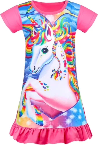 Vista 8 de Camisón de noche para niñas, vestido de noche, unicornio, arcoíris, princesa, pijamas, ropa de dormir, camisón