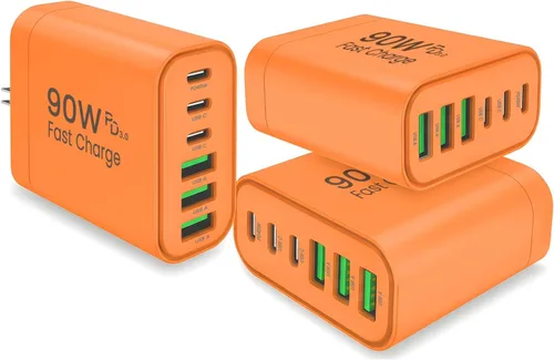 Vista 15 de Bloque de cargador USB C GaN de 90 W, cargador de pared USB C de 6 puertos de carga rápida, adaptador de corriente PD de 45 W para iPhone 17Pro Beige
