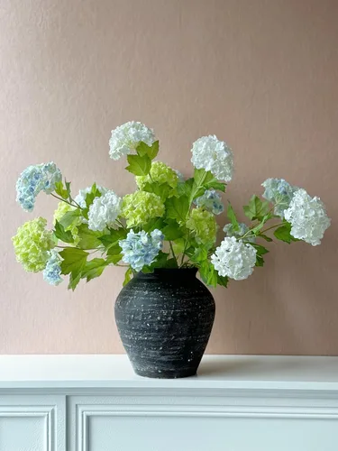 Vista 6 de YalzoneMet Bola de nieve artificial Viburnum 4 piezas de 26.8 pulgadas de color azul graduado, hortensias pequeñas, 2 cabezales, de látex natural