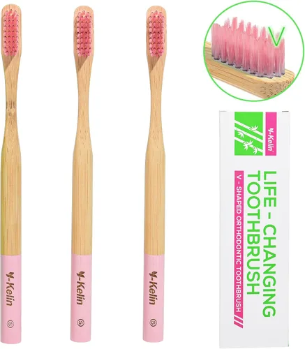Vista 2 de Y-Kelin Cepillo de dientes ortodóntico en forma de V de bambú, 3 piezas, rosa