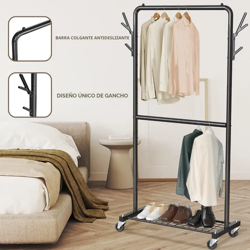 Vista 6 de Simple Houseware - Perchero de doble varilla con ruedas y ganchos, color negro Organizador de perchero de metal resistente