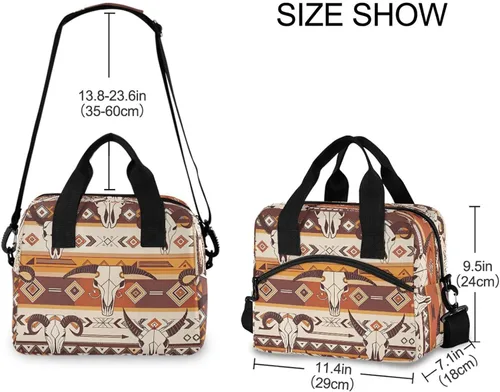 Vista 3 de Bolsa de almuerzo azteca occidental, aislada, impermeable, reutilizable, duradera, portátil, grande, con correa para mujeres y hombres