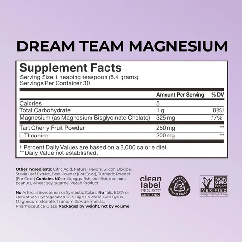 Vista 5 de Hum Nutrition Dream Team Polvo de Bisglicinato de Magnesio, L Teanina y Cereza Ácida Suplemento de Magnesio en Polvo para Bebida, Apoya el Descanso