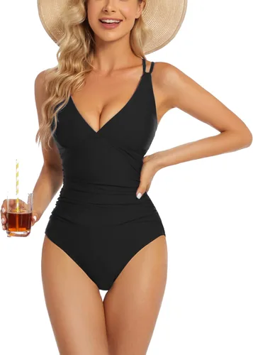 Vista 3 de Traje de baño de una pieza mejorado para mujer, trajes de baño con control de abdomen, diseño único sexy con espalda cruzada, traje de baño fruncido