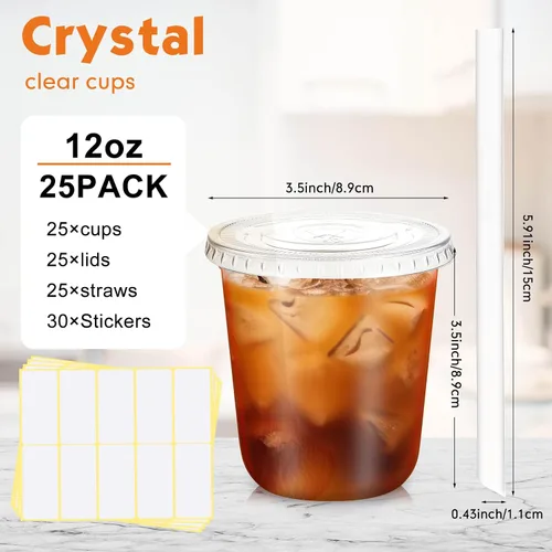 Vista 3 de Ziliny 25 juegos de vasos de plástico transparente con tapas, pajitas y pegatinas, vasos desechables de PET engrosado para café helado, té