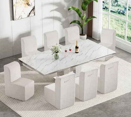 Vista 11 de Juego de mesa de comedor de mármol sintético blanco para 10, juego de mesa de comedor extensible de 11 piezas de 63 a 94 pulgadas con 10 sillas
