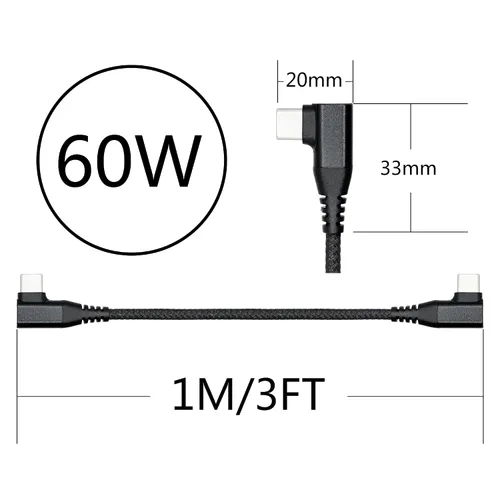 Vista 7 de Cable USB C a USB C en ángulo recto de 3.3 ft/3 pies, 90 grados, 60 W, PD tipo C, cable trenzado de nailon de carga rápida y transmisión de datos