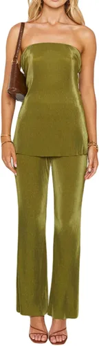 Vista 4 de NUFIWI Conjunto sexy de 2 piezas de pantalones sin tirantes para mujer, con hombros descubiertos, pantalones plisados de pierna ancha, trajes