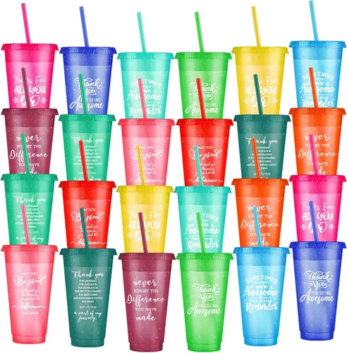 Vista 9 de Lallisa Paquete de 30 vasos de plástico de 16 onzas con tapas y pajitas, vasos de plástico reutilizables para café, regalos de agradecimiento a
