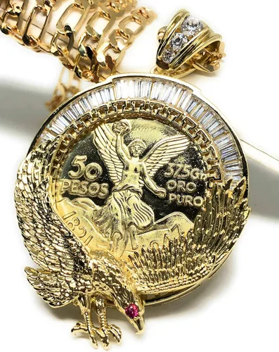 Vista 2 de Cadena chapada en oro Centenario Mexicano Moneda 50 Pesos Águila Colgante Cadena CZ Oro Cadena 26