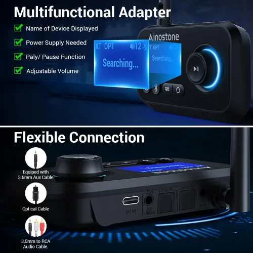 Vista 6 de Receptor transmisor Bluetooth 3 en 1 Bluetooth 5.3 adaptador de audio para 2 auriculares con control de volumen de derivación interruptor