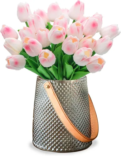 Vista 11 de 30 tulipanes reales al tacto, flores de poliuretano, tulipanes artificiales para arreglos de boda, fiesta, Pascua, primavera, hogar, comedor, Rosa