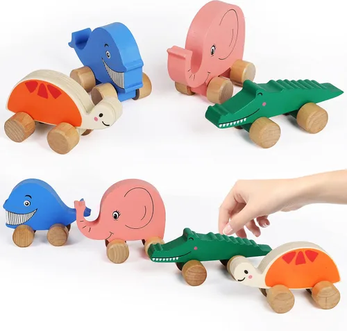 Vista 4 de TOWO - Autos de madera para niños pequeños – Animales sobre ruedas – Vehículos sensoriales de agarre motriz juguete – Camiones de empuje y marcha