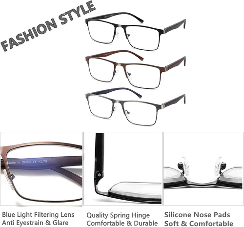 Vista 6 de Paquete de 3 lentes de lectura para hombre, filtro de luz azul, marco completo, lectores de metal, antiUV, fatiga ocular/deslumbramiento